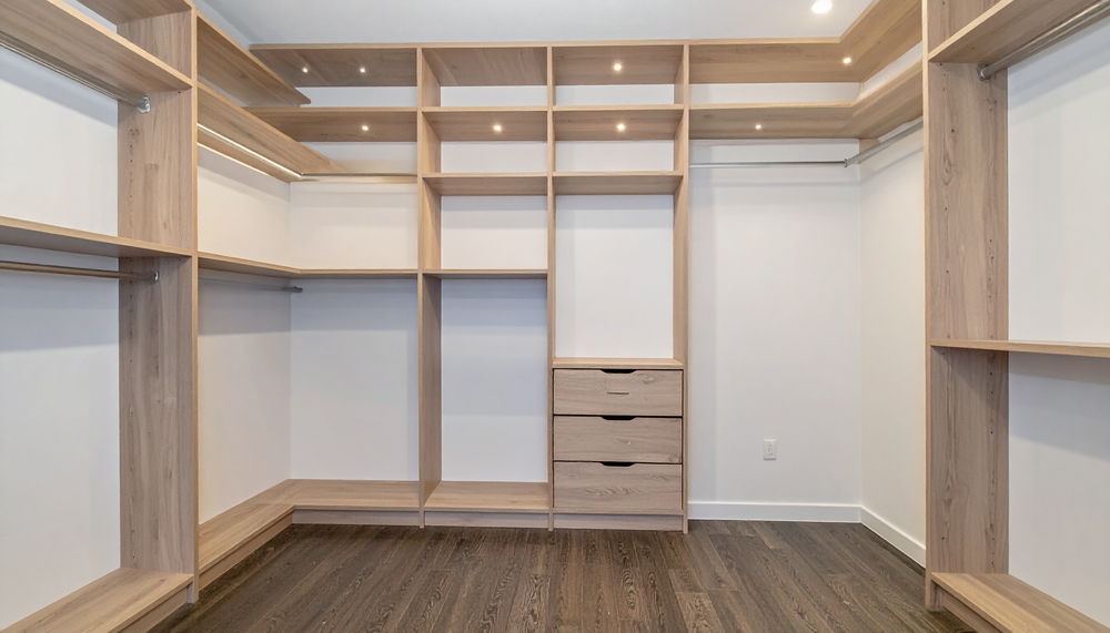 Empty,,Modern,Walkin,Closet,With,Light,Wood,Shelving,Units,,Clothing
